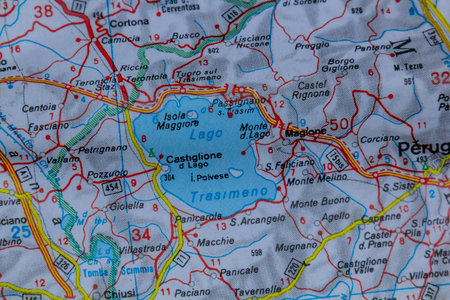 Lake Trasimeno, Italy, on a road mapの写真素材