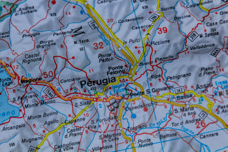 Perugia, Italy, on a road mapの写真素材