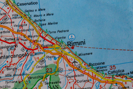 Rimini, Italy, on a road mapの写真素材