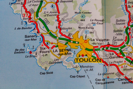 Toulon, France, on a road mapの写真素材