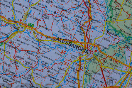 Alessandria, Italy, on a road mapの写真素材