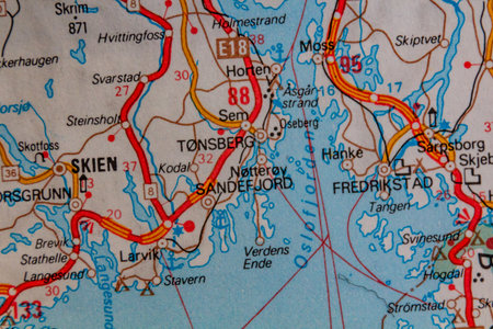 Tonsberg and Sandefjord, Norway, on a road mapの写真素材