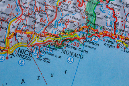 Nice, France, and Monaco on a road mapの写真素材