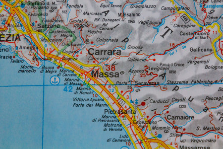 Carrara and Massa, Italy, on a road mapの写真素材