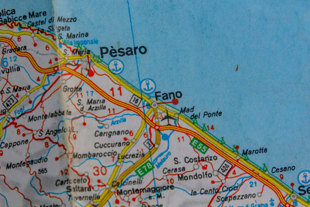 Pesaro and Fano, Italy, on a road mapの写真素材