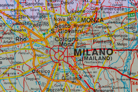 Milano, Italy, on a road mapの写真素材