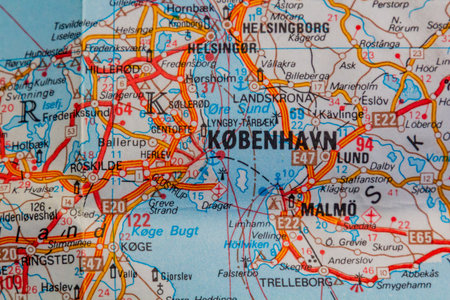 Kobenhavn in Denmark and Malmo in Sweden on a road mapの写真素材