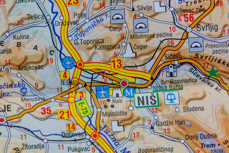 Nis, Serbia, on a road mapの写真素材