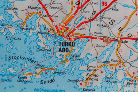 Turku, Finland, on a road mapの写真素材