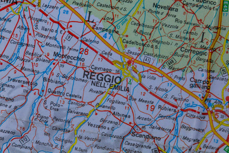 Reggio Emilia, Italy, on a road mapの写真素材