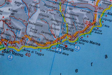 San Remo and Imperia, Italy, on a road mapの写真素材