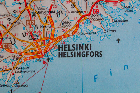 Helsinki, Finland, on a road mapの写真素材
