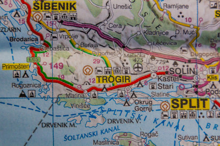 Sibenik, Trogir and Split, Croatia, on a road mapの写真素材