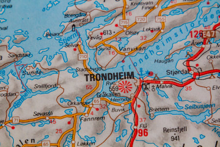 Trondheim, Norway, on a road map