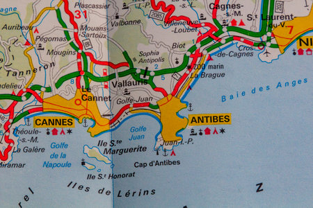 Cannes and Antibes, France, on a road mapの写真素材