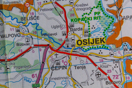 Osijek, Croatia, on a road mapの写真素材