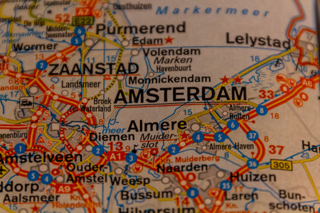 Amsterdam, Netherlands on a road map.の写真素材