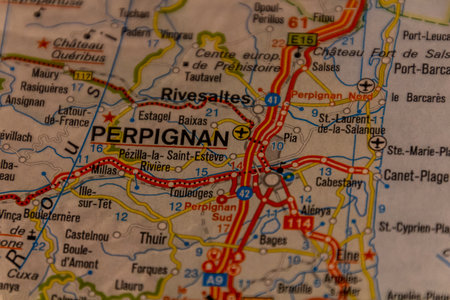 Perpignan, France on a road map