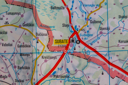 Subate, Latvia and a border of Lithuania, on a road map