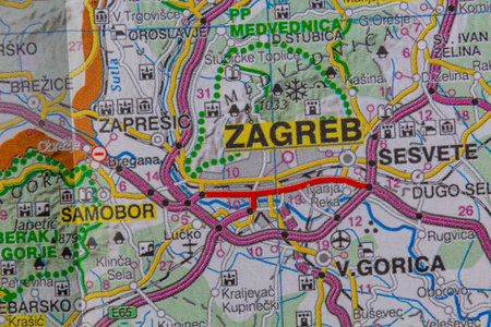 Zagreb, Croatia, on a road mapの写真素材