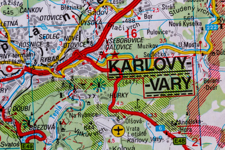 Karlovy Vary, Czechia, on a road mapの写真素材