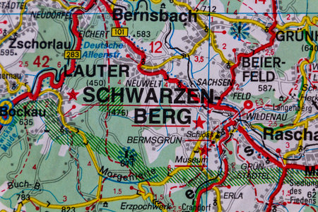 Schwarzenberg, Germany, on a road mapの写真素材