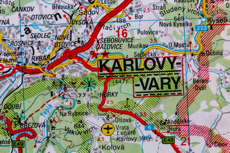 Karlovy Vary, Czechia, on a road mapの写真素材