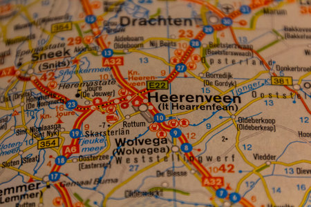 Heerenveen, Netherlands on a road mapの写真素材
