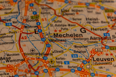 Mechelen, Belgium on a road mapの写真素材