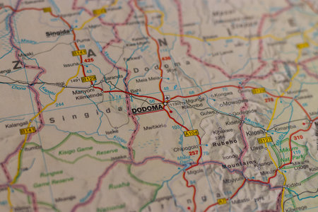 Dodoma, Tanzania, on a road mapの写真素材