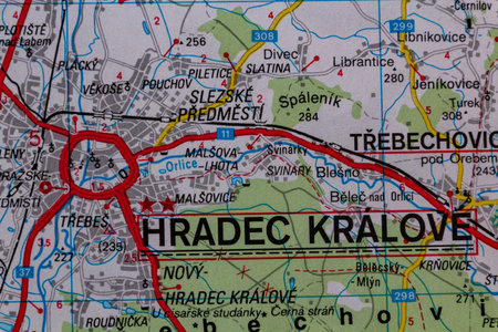Hradec Kralove, Czechia, on a road mapの写真素材