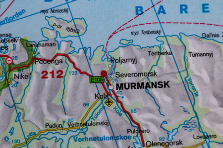 Murmansk, Russia, on a road mapの写真素材
