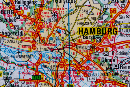 Hamburg, Germany, on a road mapの写真素材