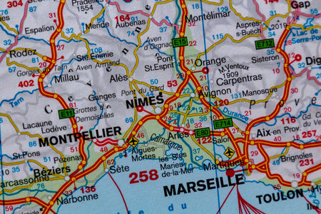 Nimes and Marseille, France, on a road map