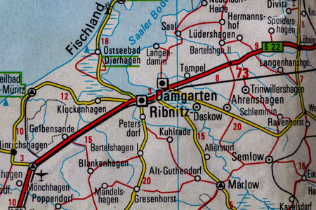 Ribnitz-Damgarten, Germany, on a road mapの写真素材