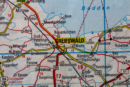 Greifswald, Germany, on a road mapの写真素材