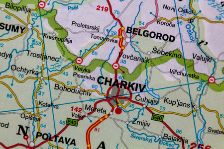 Charkiv in Ukraine and Belgorod in Russia, on a road mapの写真素材