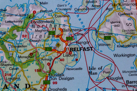 Belfast, United Kingdom, on a road mapの写真素材