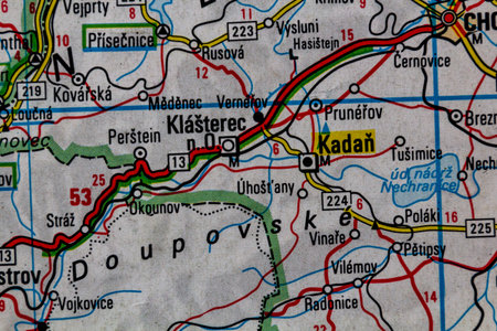 Klasterec nad Ohri and Kadan, Czechia, on a road mapの写真素材