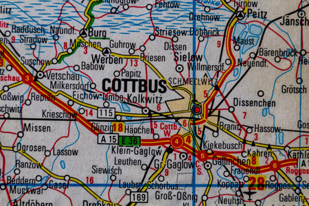 Cottbus, Germany, on a road mapの写真素材