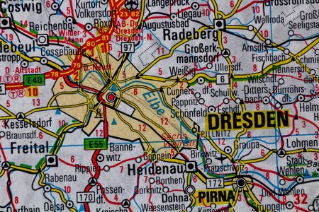Dresden, Germany, on a road mapの写真素材