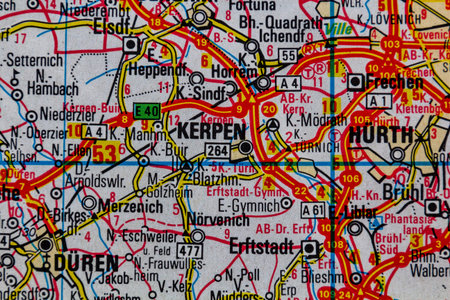 Duren, Kerpen and Hurth, Germany, on a road mapの写真素材