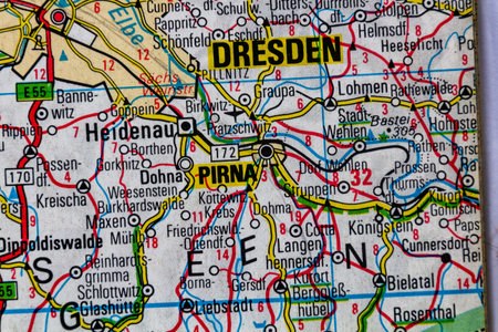 Dresden and Pirna, Germany, on a road mapの写真素材