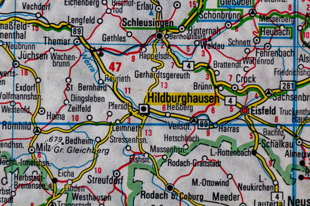 Hildburghausen, Germany, on a road mapの写真素材
