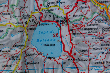 Lake Bolsena, Italy, on a road mapの写真素材