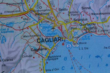 Cagliari, Sardinia island,, Italy, on a road map