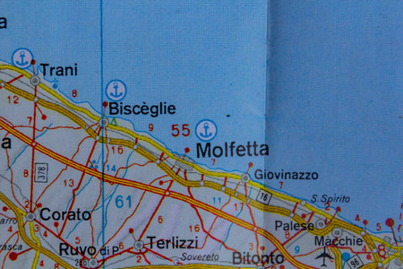 Bisceglie and Molfetta, Italy, on a road mapの写真素材