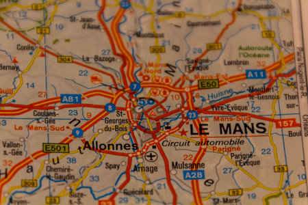 Le Mans, France on a road mapの写真素材