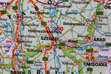 Szeged, Hungary, on a road mapの写真素材