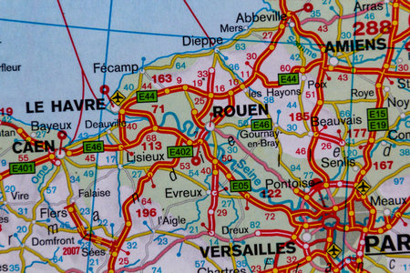 Le Havre and Rouen, France, on a road mapの写真素材